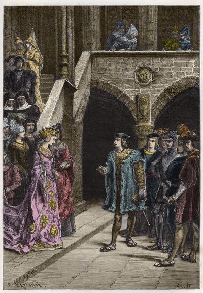 Carlos VIII y Ana de Bretaña - Encuentro entre el rey Carlos VIII (1470-98) y la reina Ana de Bretaña - grabado de “L