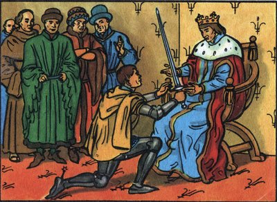 Carlos V el Sabio (1338-1380) entregando solemnemente la espada de condestable a Bertrand du Guesclin (1320-1380). Ilustración anónima en “Collection des souverains et chefs d