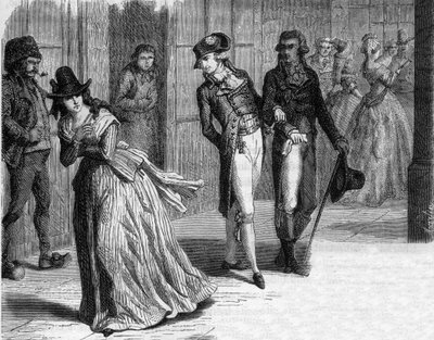 Charlotte Corday en la cuchillería Badin, bajo las arcadas del Palais-Royal en 1793 - Grabado en “Histoire des Girondins” de Alphonse de Lamartine (1790-1869) 1865-1866 - Colección privada de Anonymous Anonymous