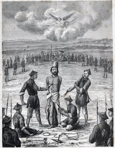 Persecución cristiana: el sacerdote misionero francés Joseph Marchand sufrió el “tormento de las cien heridas” en Cochinchina el 30 de noviembre de 1835. Grabado en “Les Missions Catholiques au XIXeme Siecle” de Louis-Eugene Louvet. Colección privada. de Anonymous Anonymous
