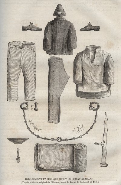 Ropa y grilletes recibidos por un forzado al llegar al bagne de Rochefort en el siglo XIX (del dibujo original de Clemans, forzado del bagne en 1840). Grabado en “Histoire des bagnes depuis leur création à nos jours” (1877) de Pierre Zaccone (1817-1895). de Anonymous Anonymous