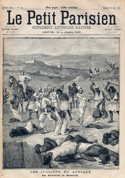 Conquista de Eritrea por Italia. Los asesinatos de Massaouah (Eritrea). Grabado en “Le petit Parisien” del 22-03-1891. Colección privada. de Anonymous Anonymous