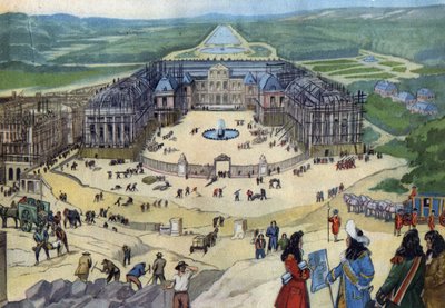 Construcción del castillo de Versalles en 1678 según los planos de Jules Hardouin Mansart en primer plano el Rey Luis XIV de Anonymous Anonymous