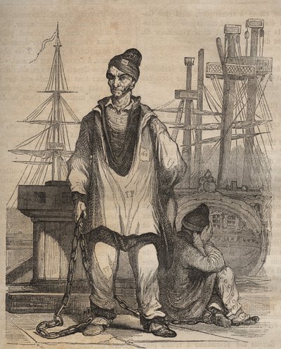 Condenas a perpetuidad en el Bagne de Rochefort en el siglo XIX. Grabado en “Histoire des bagnes depuis leur création à nos jours” (1877) por Pierre Zaccone (1817-1895). de Anonymous Anonymous