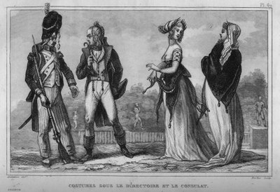 Traje en el Directorio y el Consulado. Grabado de 1859 en “Le Monde. Historia de todos los pueblos desde los tiempos más remotos hasta el presente” por M. E. de Lostalot-Bachoue. Colección privada. de Anonymous Anonymous