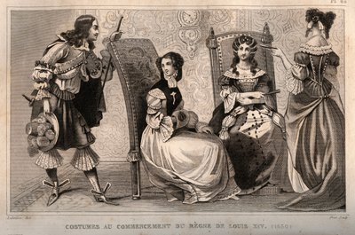 Trajes al comienzo del reinado de Luis XIV (1650). Grabado de 1859 en “Le Monde. Historia de todos los pueblos desde los tiempos más remotos hasta el presente” por M. E. de Lostalot-Bachoue. Colección privada. de Anonymous Anonymous