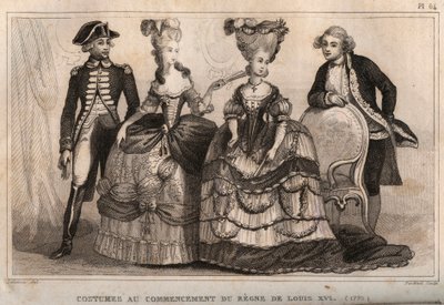 Trajes al comienzo del reinado de Luis XVI (1775). Grabado de 1859 en “Le Monde. Historia de todos los pueblos desde los tiempos más remotos hasta el presente” de M. E. de Lostalot-Bachoue. Colección privada. de Anonymous Anonymous
