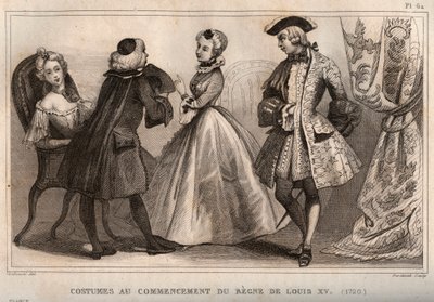 Trajes al comienzo del reinado de Luis XV (1720). Grabado de 1859 en “Le Monde. Historia de todos los pueblos desde los tiempos más remotos hasta el presente” por M. E. de Lostalot-Bachoue. Colección privada. de Anonymous Anonymous