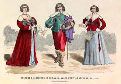 Trajes de señores y damas después del edicto de reforma en París en 1633 - colección privada de Anonymous Anonymous