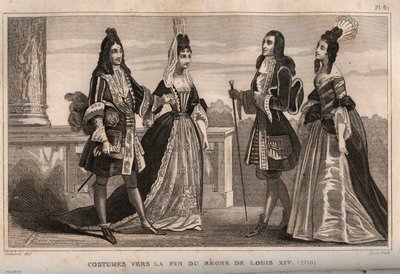 Trajes hacia el final del reinado del rey Luis XIV (1710). Grabado de 1859 en “Le Monde. Historia de todos los pueblos desde los tiempos más remotos hasta la actualidad” de M. E. de Lostalot-Bachoue. Colección privada. de Anonymous Anonymous