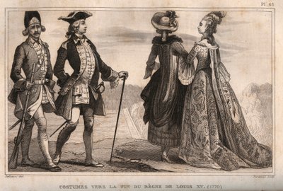 Trajes hacia el final del reinado del Rey Luis XV (1770). Grabado de 1859 en “Le Monde. Historia de todos los pueblos desde los tiempos más remotos hasta el presente” por M. E. de Lostalot-Bachoue. Colección privada. de Anonymous Anonymous