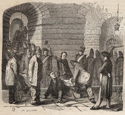 Acoplamiento en el Bagne de Rochefort en el siglo XIX. Grabado en “Histoire des bagnes depuis leur création à nos jours” (1877) por Pierre Zaccone (1817-1895). Colección privada. de Anonymous Anonymous