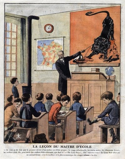 Cursos de buenos modales en la escuela, un maestro enseña a los estudiantes cómo usar betún para hacer brillar los zapatos. Ilustración publicitaria de "Le petit journal" del 29/11/1925. Colección privada de Anonymous Anonymous