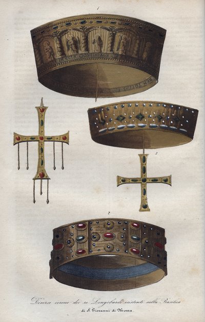 Coronas de los soberanos del Reino Lombardo (568-774), conservadas en la Basílica de San Juan de Monza - Diferentes coronas de los reyes lombardos conservadas en la Basílica de San Giovanni di Monza - grabado de “Usi e Costumi di Tutti i Popoli dell de Anonymous Anonymous
