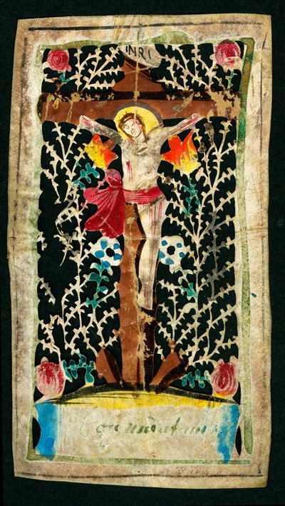 Crucifixión. Imagen piadosa en el canal. Inscripciones INRI. Colección privada de Anonymous Anonymous