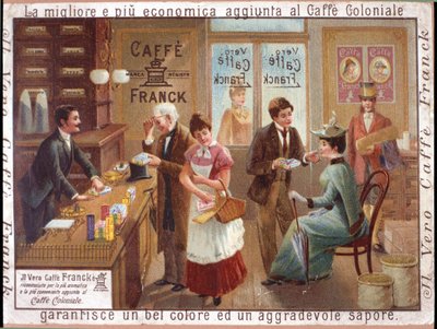 Clientes en una tienda de comestibles vendiendo café. Publicidad para el 