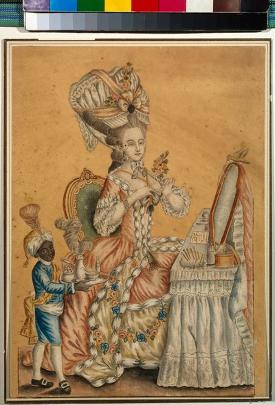 Lady at a Toilet with a Black Boy - Obra anónima, Acuarela sobre papel hacia 1770 (29,2 x 21,2 cm) - Galería Estatal Tretyakov, Moscú de Anonymous Anonymous