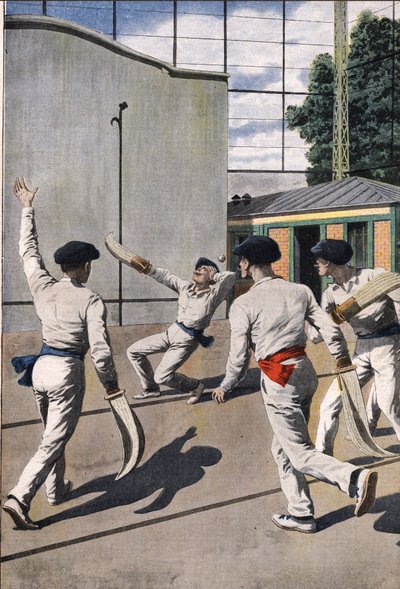 Juego mortal de pelota vasca: un jugador recibe la pelota de un oponente en la cabeza y muere por su lesión. Grabado en "Le Petit Journal" de Anonymous Anonymous