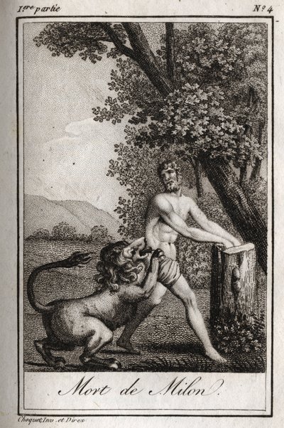 Muerte de Milón de Crotona devorado por un lobo. Grabado de 1819 en “Lettres a Emilie sur la mythologie” de Charles Albert Demoustier (1760-1801). Colección privada. de Anonymous Anonymous