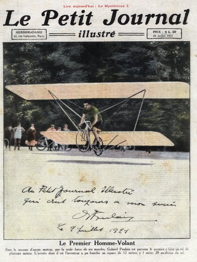 Retrato dedicado del inventor y ciclista francés Gabriel Poulain a bordo de su “aviette”, una bicicleta equipada con alas biplano que le permitieron volar unos metros sin motor. Ilustración tomada de “Le petit journal illustrious” del 24/07/1921. de Anonymous Anonymous
