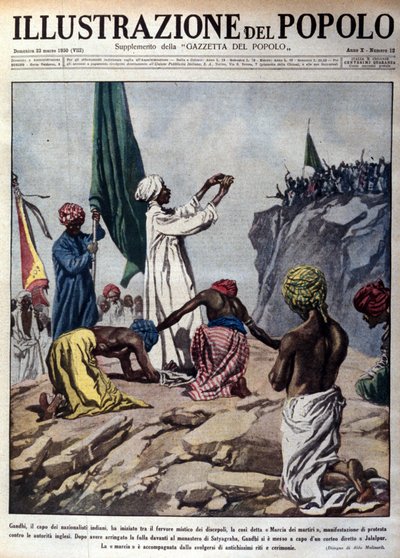 Manifestación liderada por Mohandas Karamchand Gandhi (1869-1948) para protestar contra las autoridades inglesas, representando una ceremonia durante la llamada marcha de los Mártires hacia Jalaipur. Ilustración de 