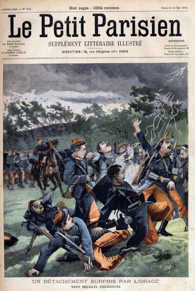 Destacamento de soldados sorprendidos por la tormenta: siete soldados serán alcanzados, en "Le Petit Parisien" el 19/05/1901 (grabado) de Anonymous Anonymous