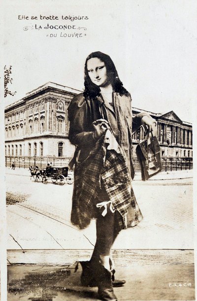 Representación distorsionada de "La Mona Lisa" de Leonardo da Vinci: Mona Lisa representada con una falda a cuadros viajando por el mundo. Postal cómica editada en el momento del robo de la obra por Vincenzo Peruggia de Anonymous Anonymous