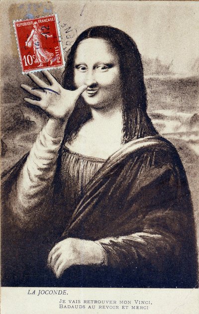 Representación distorsionada de "La Mona Lisa" de Leonardo da Vinci: Mona Lisa saludando para significar su partida para encontrar su "Vinci". Postal cómica editada en el momento del robo de la obra por Vincenzo Peruggia de Anonymous Anonymous