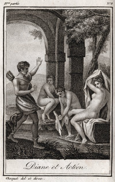 Diana y Acteón. Diana sorprendida en el baño por el cazador Acteón. Grabado de 1819 en “Cartas a Emilie sobre la mitología” de Charles Albert Demoustier (1760-1801). Colección privada. de Anonymous Anonymous