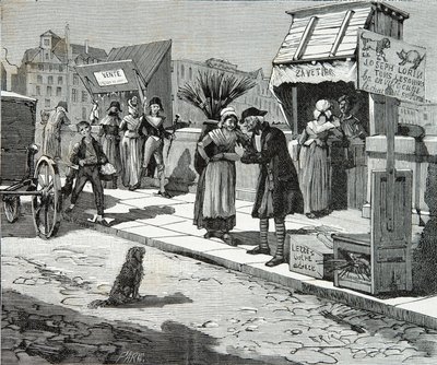 Peluqueros de perros en el puente nueve de París alrededor de 1796, grabado, colección privada de Anonymous Anonymous