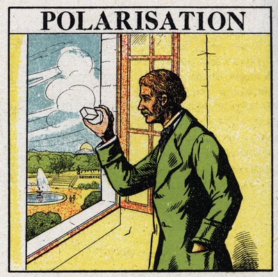 Doble refracción: Etienne Louis Malus (1775-1812) observa a través de un espato la luz del sol poniente reflejada por las ventanas de vidrio de Luxemburgo en 1808. Ilustración anónima de 1925. Colección privada. de Anonymous Anonymous