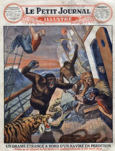 Drama sobre el transatlántico francés "Saint Etienne": gorilas, tigre, león y serpiente destinados a jardines zoológicos ingleses escaparon de su jaula y atacaron a los miembros de la tripulación. Grabado. Uno de "Le Petit Journal Illustré" de Anonymous Anonymous