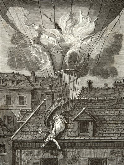 Muerte dramática de Madame Sophie Blanchard (1778-1819), aeronauta el 6 de julio de 1819 sobre los jardines de Tivoli en París, grabado, colección privada de Anonymous Anonymous