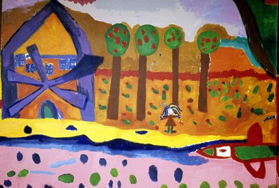 Dibujo de niños de la escuela de la Croix Rousse que representa un molino y árboles. Saint Brieuc, Saint-Brieuc. de Anonymous Anonymous