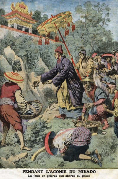 Durante la agonía del Mikado (Emperador de Japón) Meiji (1852-1912): la multitud en oraciones cerca del palacio. Grabado en “Le petit Journal”, el 11/08/1912. Colección privada. de Anonymous Anonymous