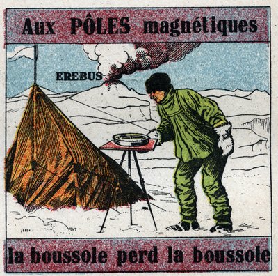 Magnetismo terrestre: en los polos magnéticos, la brújula pierde el rumbo. Científico James Clark Ross (1800-1862) usando una brújula durante su expedición científica a la Antártida. Detrás de él está el volcán Erebus que descubrió en 1841. Ilustración anó de Anonymous Anonymous