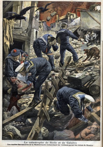 Terremoto en Sicilia, Calabria 1909 - El desastre de Sicilia y Calabria (Terremoto) - Los marineros del Mediterráneo buscando víctimas entre las ruinas de Messina de Anonymous Anonymous