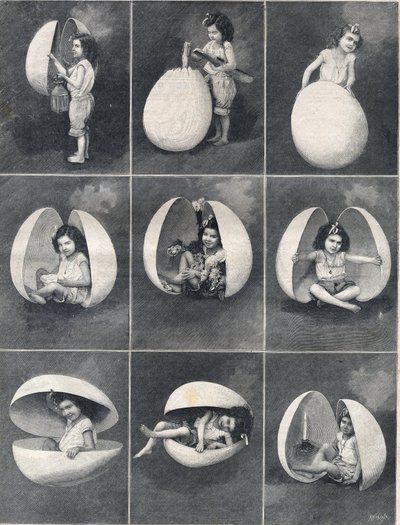 Huevos de Pascua: una niña en un huevo. Grabado en 