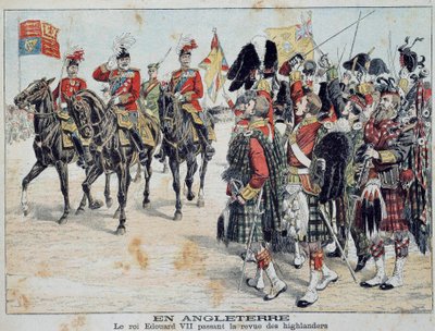 Eduardo VII (1841-1910) Rey de Inglaterra revisa a los Highlanders escoceses. Ilustración del suplemento ilustre de 