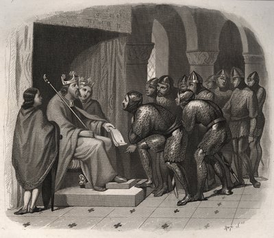 San Eduardo el Confesor (1004-1066) dando nuevas leyes a su pueblo. Grabado de 1846 en "Vidas de los santos". Colección privada de Anonymous Anonymous