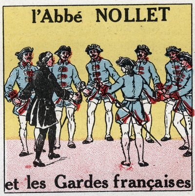 Capacitores eléctricos: conmoción causada por capacitores. Experiencia de la botella de Leiden por el Abate Jean Antoine Nollet (Jean-Antoine) (1700-1770), físico francés en Versalles, donde 180 guardias fueron golpeados al mismo tiempo en 1746. Ilustració de Anonymous Anonymous