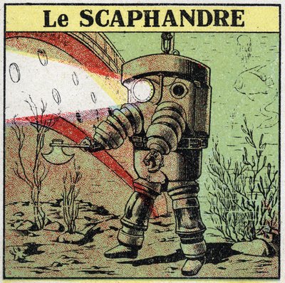 Herramientas eléctricas: un buzo en el fondo del agua usando un proyector de luz para avanzar. Ilustración anónima de 1925. Colección privada. de Anonymous Anonymous