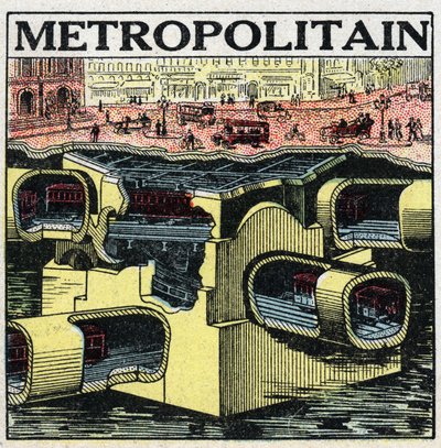 Tranvías eléctricos: sección transversal del suelo de París mostrando las líneas del Metropolitano. Ilustración anónima de 1925. Colección privada. de Anonymous Anonymous