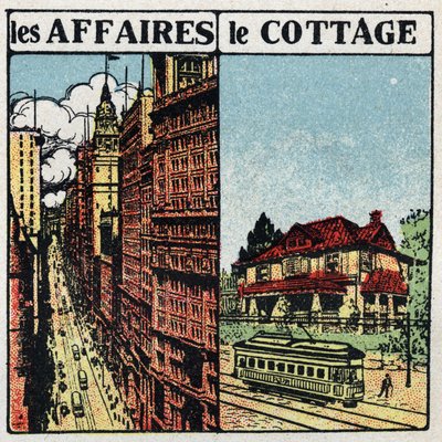 Tranvías eléctricos: línea de tranvía en la ciudad (izquierda) y en el campo (derecha). Ilustración anónima de 1925. Colección privada. de Anonymous Anonymous