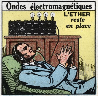 Fenómenos eléctricos: si el éter permanece en su lugar, el movimiento vibratorio da las ondas electromagnéticas utilizadas en la T.S.F. Ilustración anónima de 1925. Colección privada. de Anonymous Anonymous