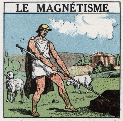 Fenómenos eléctricos: el magnetismo fue descubierto en la Antigüedad. El pastor griego Magnes no pudo despegar su bastón de hierro del suelo. Descubrió que este fenómeno provenía de la atracción de una piedra llamada óxido magnético. Ilustración anónima. de Anonymous Anonymous