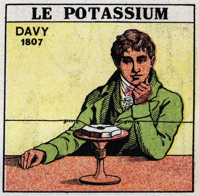 Electroquímica: descomposición de potasa (potasio) y soda por Sir Humphry Davy en 1807. Ilustración anónima de 1925. Colección privada. de Anonymous Anonymous