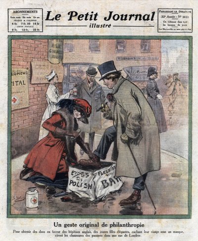 Jóvenes elegantes, su rostro oculto tras una máscara, lustran los zapatos de los transeúntes de Londres para recaudar dinero para hospitales ingleses. Ilustración tomada de “Le petit journal illustrious” del 06/11/1921. Colección privada de Anonymous Anonymous
