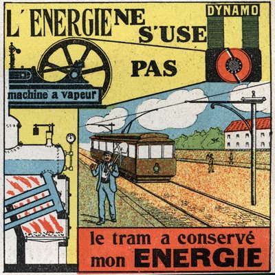 La energía no se agota: producción de electricidad con una dinamo alimentando la máquina de vapor de un tranvía. Ilustración anónima de 1925. Colección privada. de Anonymous Anonymous