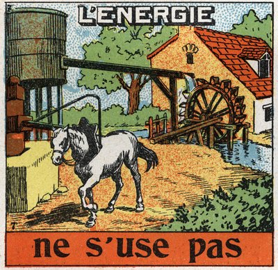La energía no se agota: caballo atado a un carrusel y escucha agua en un depósito. Ilustración anónima de 1925. Colección privada. de Anonymous Anonymous